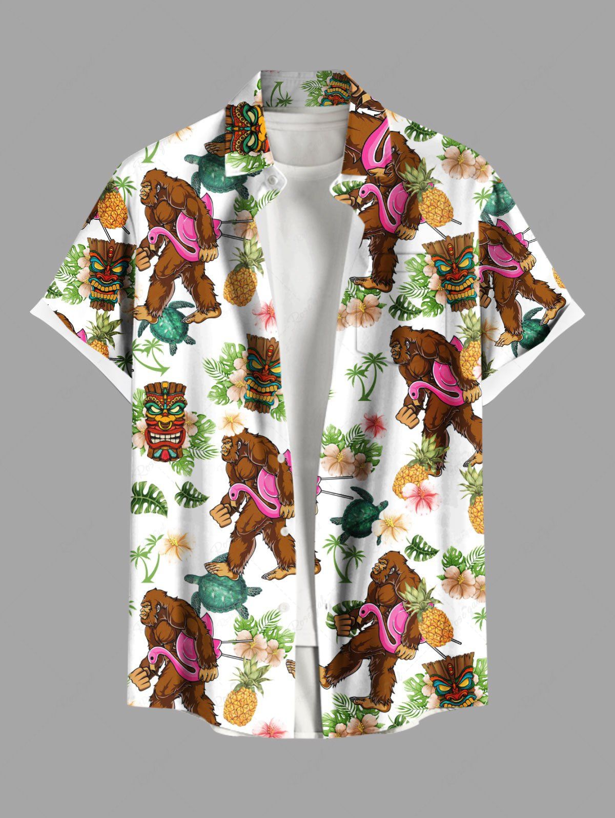 Affordable Plus Size Gorillas Coconut Tree Flowers Pineapple Masks Print Buttons Pocket Hawaii Shirt For Men  