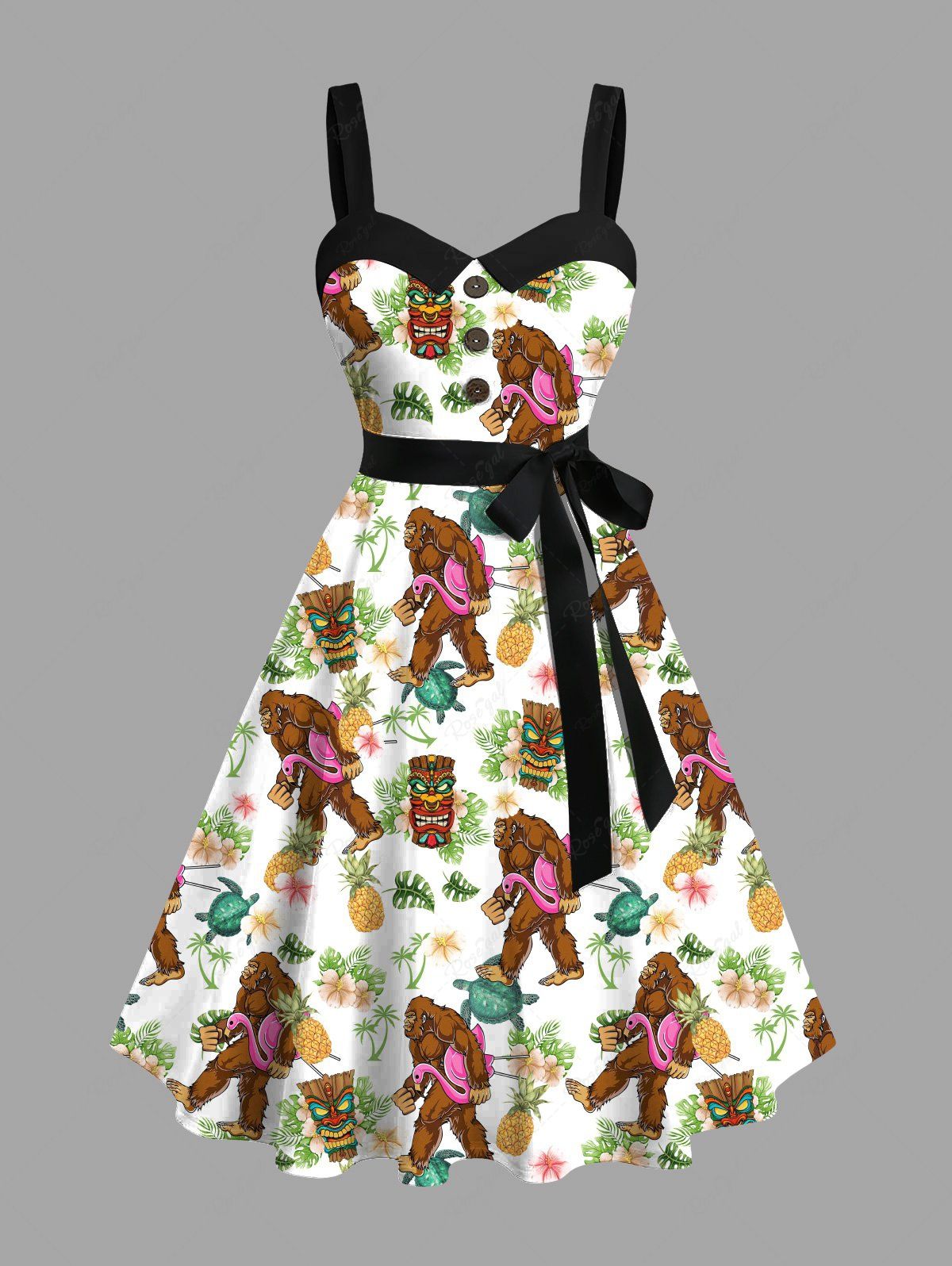 Affordable Plus Size Gorillas Coconut Tree Flowers Pineapple Masks Print Buttons Turn Down Collar Hawaii Dress With A Belt  