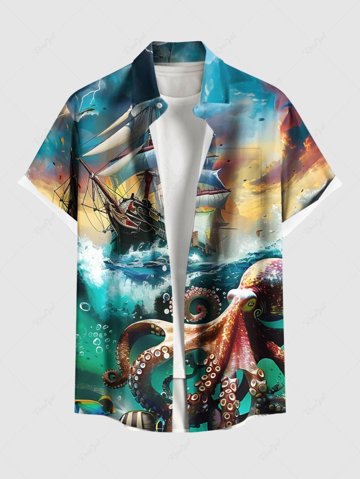 Outfits Plus Size Octopus Sea Waves Sailboat Ombre Sky Print Hawaii Cruise Button Pocket Shirt For Men  