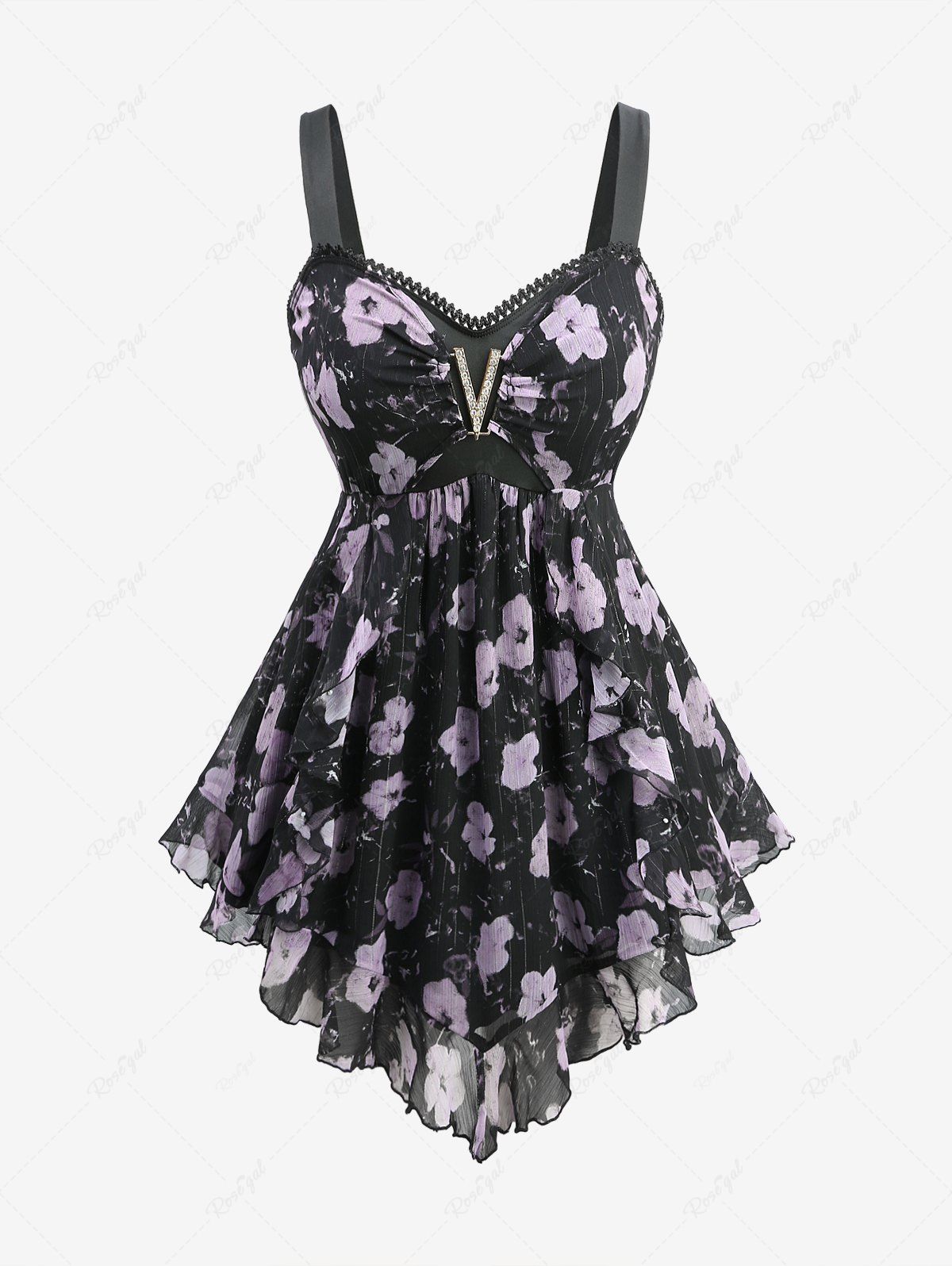 Débardeur asymétrique grande taille à imprimé floral aquarelle, boucle en V, bordure en dentelle Noir M | US 10