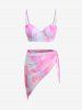 Ombre Tie Dye Print Shell Cup Chains Strap Tankini Top And Tie Asymmetrical Skirted 3 Piece Tankini Swimsuit -  