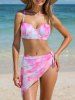 Ombre Tie Dye Print Shell Cup Chains Strap Tankini Top And Tie Asymmetrical Skirted 3 Piece Tankini Swimsuit -  