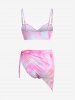 Ombre Tie Dye Print Shell Cup Chains Strap Tankini Top And Tie Asymmetrical Skirted 3 Piece Tankini Swimsuit -  
