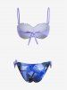 Ruffles Trim Shell Cup Tie Bowknot Top And Tropical Leaf Print Bottom Bikini Set -  