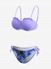 Ruffles Trim Shell Cup Tie Bowknot Top And Tropical Leaf Print Bottom Bikini Set -  