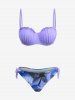 Ruffles Trim Shell Cup Tie Bowknot Top And Tropical Leaf Print Bottom Bikini Set -  
