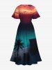 Plus Size Coconut Tree Sea Ombre Dusk Print Hawaii Split Pocket A Line Midi Dress -  