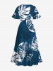 Robe Mi-Longue Feuille Tropicale Ombrée Ligne A de Grande Taille avec Poche - Bleu 4X