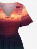 Robe Mi-Longue Linge A Fendue Arbre Noix de Coco et Lune Imprimés de Grande Taille - Multi-A 3X