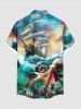 Plus Size Octopus Sea Waves Sailboat Ombre Sky Print Hawaii Cruise Button Pocket Shirt For Men -  