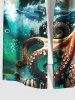 Plus Size Octopus Sea Waves Sailboat Ombre Sky Print Hawaii Cruise Button Pocket Shirt For Men -  