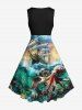 Plus Size Octopus Sea Waves Sailboat Ombre Sky Print Hawaii Cruise Vintage 1950s Swing A Line Dress -  