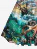 Plus Size Octopus Sea Waves Sailboat Ombre Sky Print Hawaii Cruise Vintage 1950s Swing A Line Dress -  