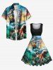 Plus Size Octopus Sea Waves Sailboat Ombre Sky Print Hawaii Cruise Vintage 1950s Swing A Line Dress -  