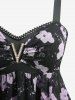 Débardeur asymétrique grande taille à imprimé floral aquarelle, boucle en V, bordure en dentelle - Noir M | US 10