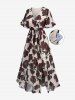 Plus Size Rose Flower Vine Print Split Pocket Surplice A Line Maxi Dress with Removable Tied Belt -  