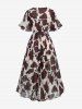 Plus Size Rose Flower Vine Print Split Pocket Surplice A Line Maxi Dress with Removable Tied Belt -  