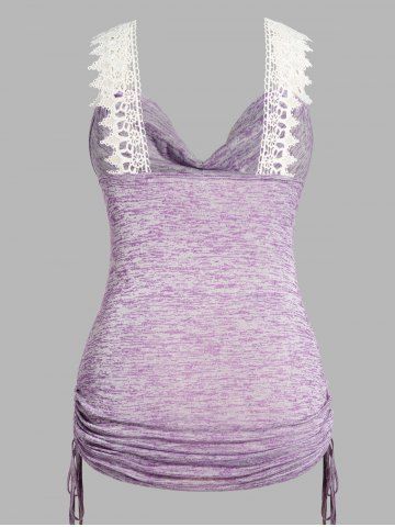 Heathered Hollow Out Lace Strap Cinched Tank Top and High Rise Floral Gym 3D Jeggings Plus Size Outfit