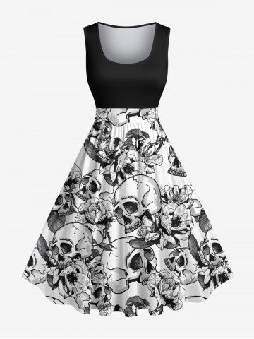Plus Size Skulls Flowers Print 1950s Vintage Hawaii Dress
