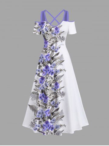 Plus Size Flowers Leaf Print Cold Shoulder Crisscross Hawaii Maxi Dress - WHITE - 1X