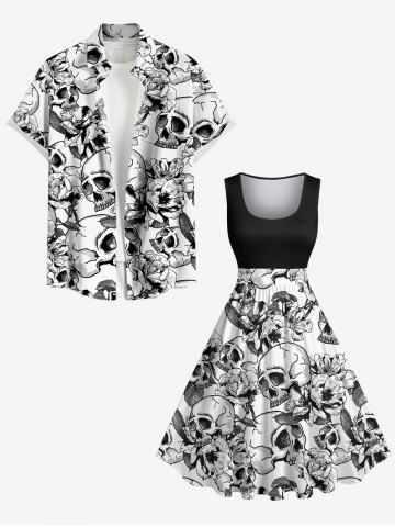 Skulls Flowers Print Plus Size Matching Hawaii Beach Outfit For Couples