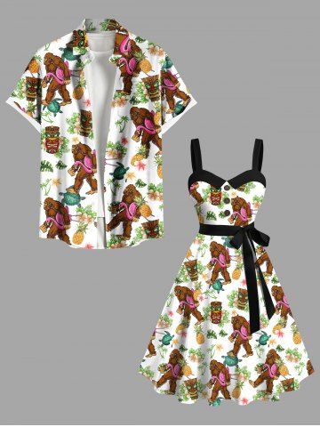 Gorillas Coconut Tree Flowers Pineapple Masks Print Plus Size Matching Hawaii Beach OutfitFor Couples - WHITE