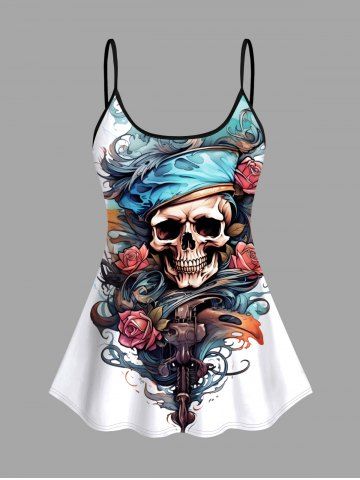 Skull Rose Flower Sea Waves Pirate Print Hawaii Cruise Tankini Top(Adjustable Shoulder Strap) - WHITE - XS