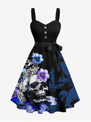 Plus Size Ombre Skull Flower Branch Print Hawaii Button Turn-down A Line Tank Dress with Removable Belt - BLACK - S