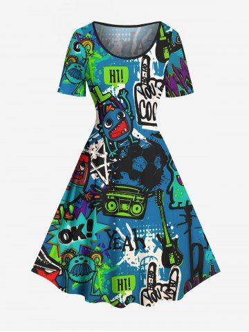 Plus Size Cartoon Monster Tape Star Letters Graffiti Print Hawaii Vintage A Line Dress - GREEN - S