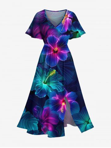 Plus Size Glitter Ombre Floral Tropical Leaves Print Hawaii Split Pocket A Line Midi Dress - DEEP BLUE - 6X