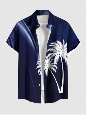 Plus Size Coconut Tree Curve Light Beam Print Hawaii Button Pocket Shirt For Men