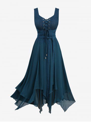 Plus Size Grommets Lace Up Patchwork Textured Ruffles Asymmetrical Dress With Belt - BLUE - L | US 12