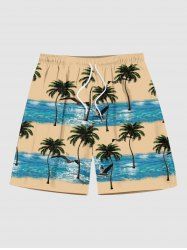 Plus Size Coconut Tree Sea Waves Bird Print Hawaii Beach Shorts For Men -  