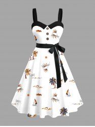 Plus Size Coconut Tree Sun Sailboat Print Buttons Turn Down Collar Hawaii Dress With A Belt -  
