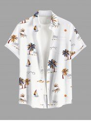 Plus Size Coconut Tree Sun Sailboat Print Buttons Pocket Hawaii Shirt For Men -  