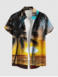 Plus Size Coconut Tree Sun Seascape Print Buttons Pocket Hawaii Shirt For Men -  