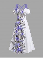 Maxi Robe Croisée Fleur Feuille Imprimées à Epaule Dénudée de Grande Taille - Blanc 6X