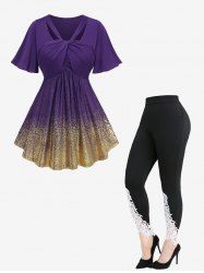 Twist Ombre Hot Stamping Sparkling Sequins Top and Appliques Leggings Plus Size Outfit -  