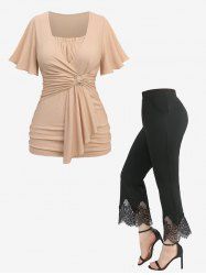 Ruched Daisy Buckle Surplice Textured Top and Scalloped Tassel Lace Trim Flare Pants Plus Size Outfit -  