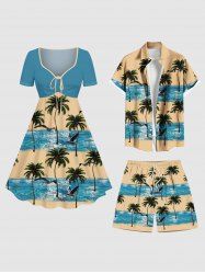 Coconut Tree Sea Waves Bird Print Plus Size Matching Hawaii Beach Outfit For Couples -  