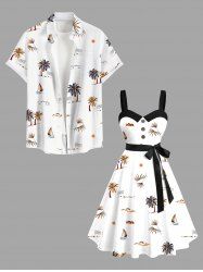 Coconut Tree Sun Sailboat Print Plus Size Matching Hawaii Beach Outfit For Couples -  