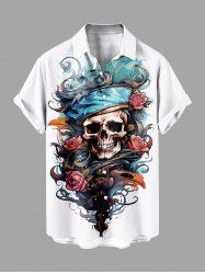 Plus Size Skull Rose Flower Sea Waves Pirate Print Hawaii Cruise Button Pocket Shirt For Men -  