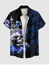 Chemise hawaïenne grande taille à imprimé tête de mort et branches de fleurs ombré avec poches boutonnées pour homme - Noir 2XL