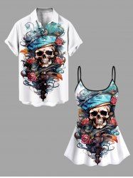 Maillot de Bain Grande Taille Imprimé Rose et Crâne Brûlant - Blanc 