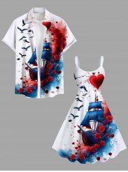 Robe Trapèze Halloween Rose Peintes à L'Encre Grande Taille pour Couples - Blanc 