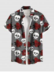 Plus Size Skull Rose Flower Galaxy Print Hawaii Button Pocket Shirt For Men -  