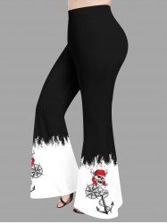 Plus Size Skull Pirate Anchor Chain Steering Wheel Print Hawaii Cruise Flare Pants - Noir M