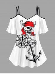 Plus Size Skull Pirate Anchor Chain Steering Wheel Print Hawaii Cruise Cold Shoulder T-shirt -  