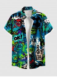 Plus Size Cartoon Monster Tape Star Letters Graffiti Print Hawaii Button Pocket Shirt For Men -  