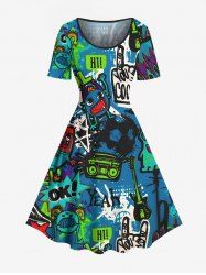 Plus Size Cartoon Monster Tape Star Letters Graffiti Print Hawaii Vintage A Line Dress -  